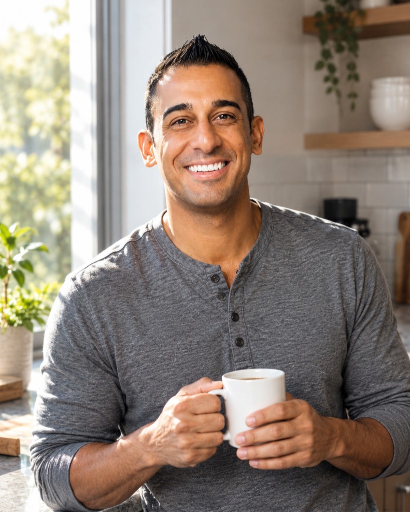 Jason Keyz smiling with a cup of coffee in his kitchen
